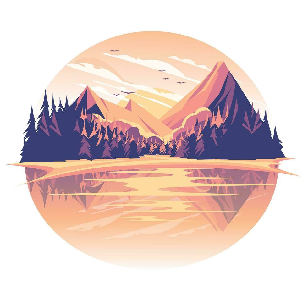 forest mountain lake sunset. Coniferous trees. Ideas for seasonal tourism. Climbing and hiking. Vector flat illustration