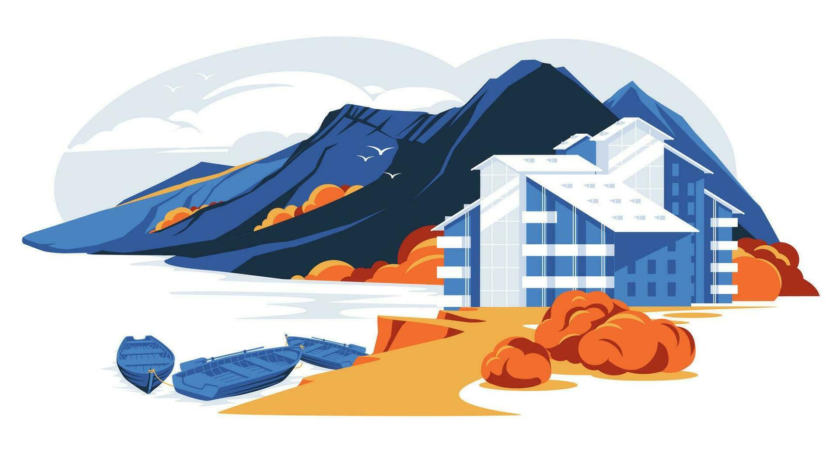 mountain resort housing among the autumn rocks. Seasonal tourism and recreation near a mountain river, fishing, boat trips. Vector flat illustration.