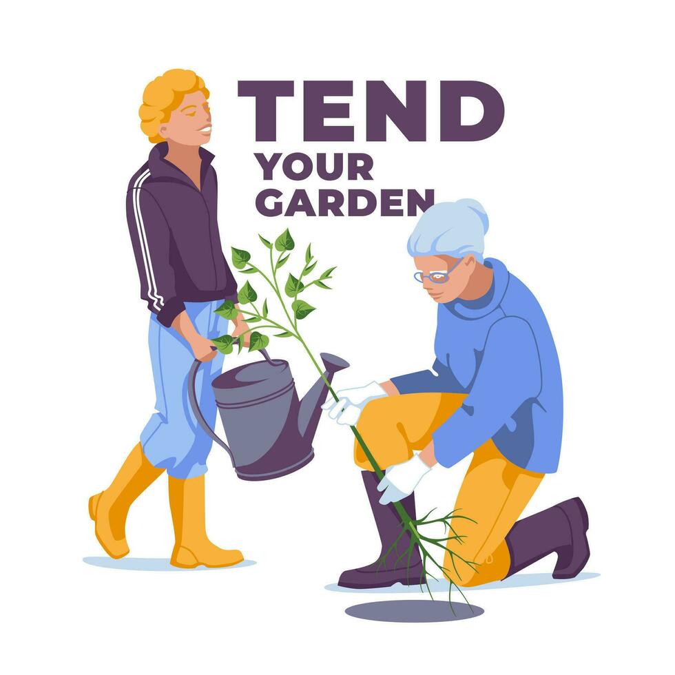 grandmother is gardening with her grandson. Isolated on white background. Vector flat illustration