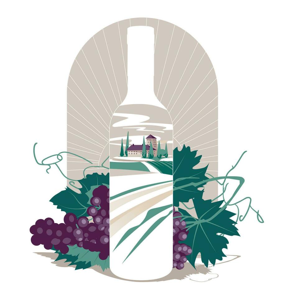 Retro poster with a bottle containing a winery landscape on a background of grapes. flat vector illustration