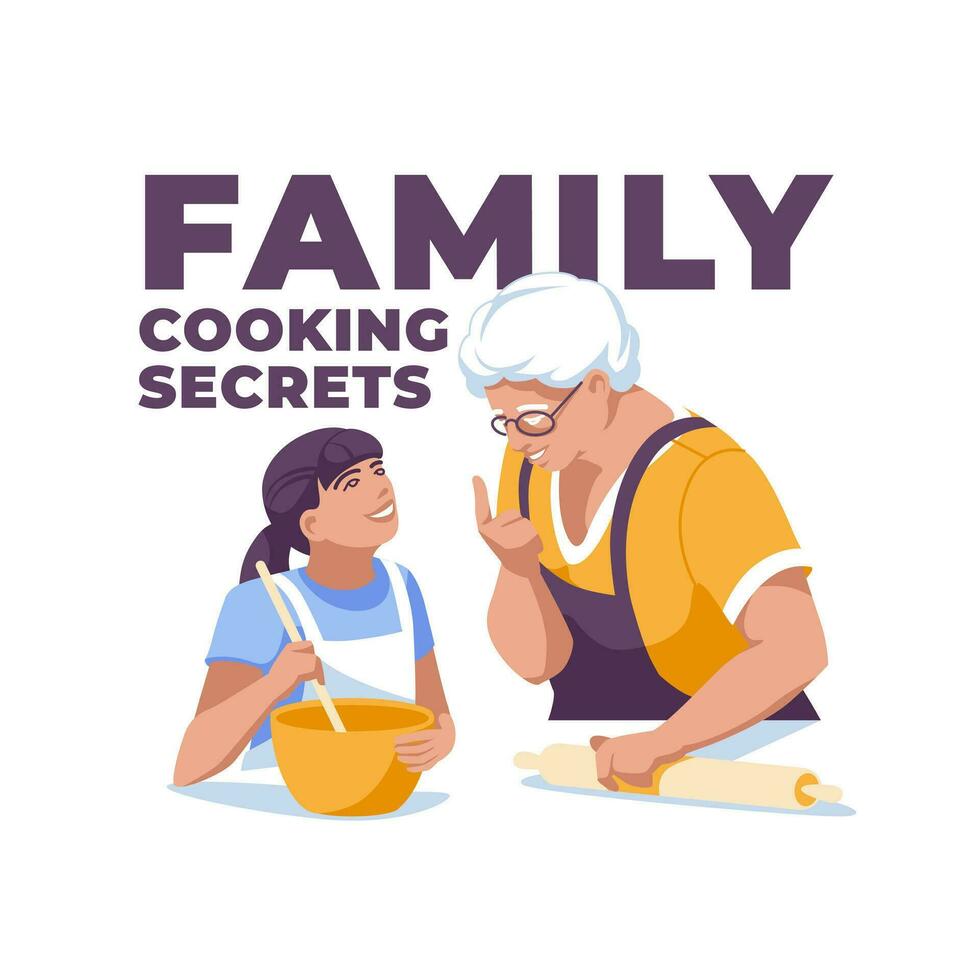 grandmother cooks with granddaughter Isolated on white background. Vector flat illustration