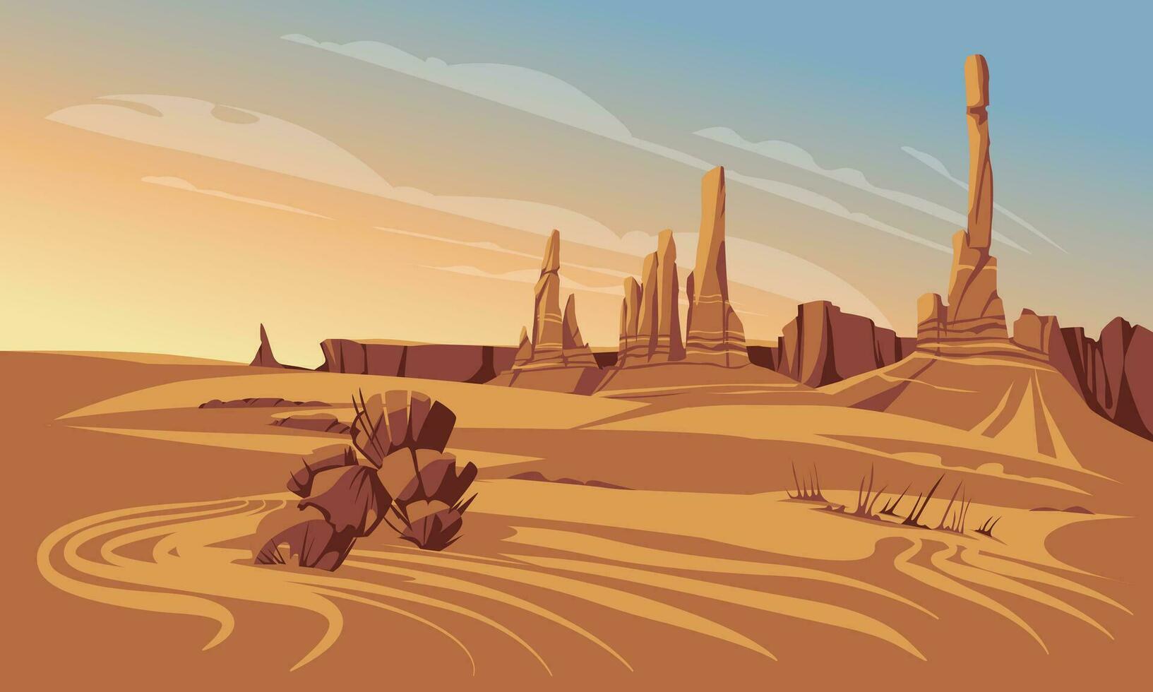 sunset stone and sand desert landscape. Rural panorama. Vector flat illustration