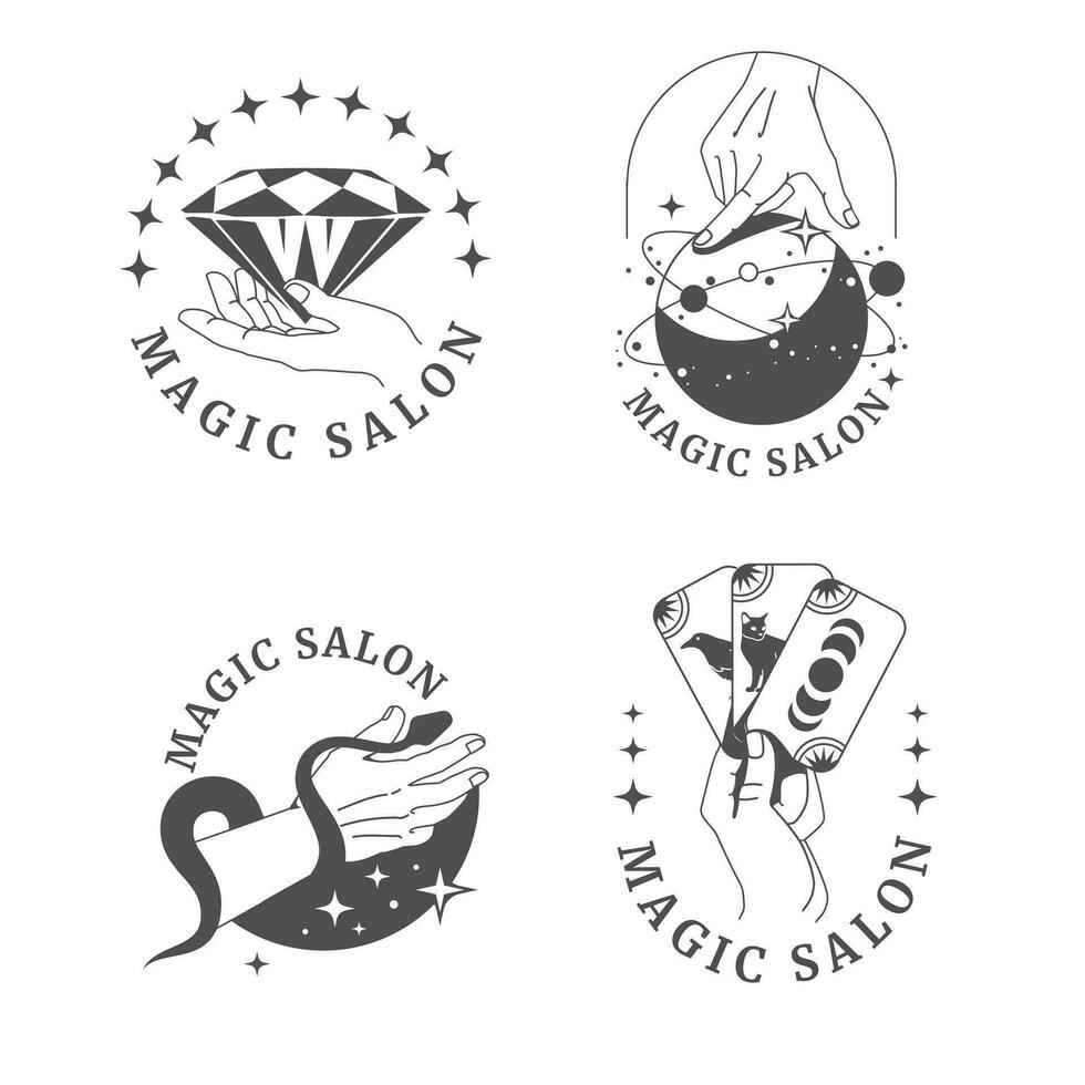 magic salon emblems and element playing cards, tarot cards, diamond, planets, stars, snake, human hands. Halloween signs concepts. Black and white vector illustration.