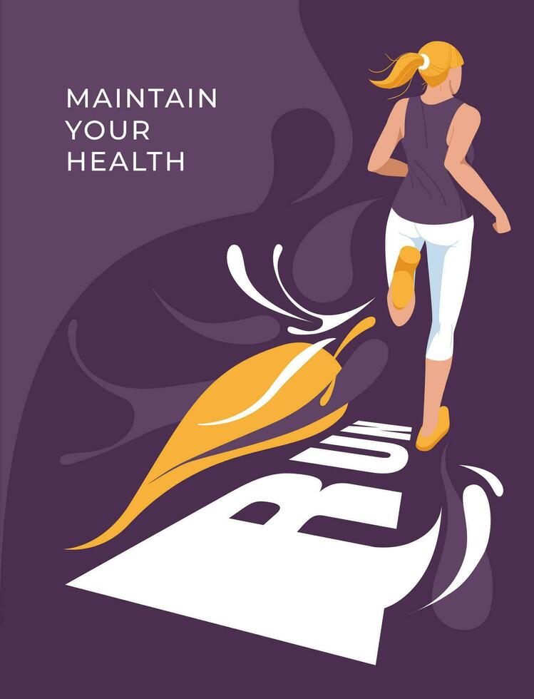 Jogging or running poster design. Sports and health lifestyle. Girl on the background of large text and splashes. Vector flat illustration