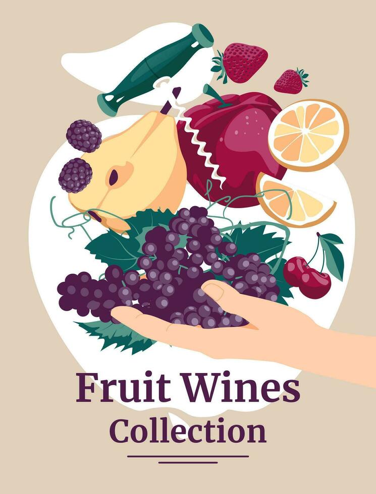 A human hand holds a bunch of grapes, citrus fruits, various fruits, berries, a wine opener. Retro style. Flat vector illustration. A collection of fruit wines