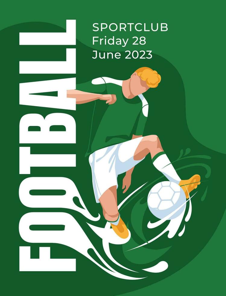 Football game poster. Athlete on the background of large text and splashes. Green flyer design. Vector flat illustration