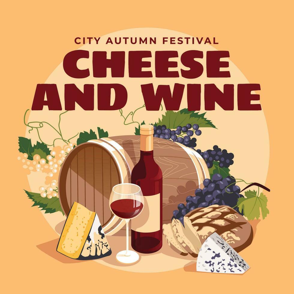 wine and cheese set with grapes, barrel and bread. Festival, restaurant, tavern, wine label poster or postcard. Vector flat illustration