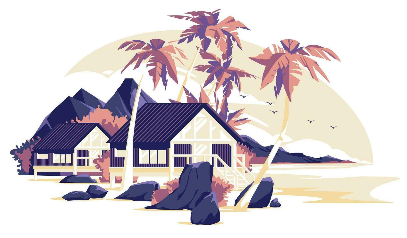 wooden cottage on a tropical beach with palm trees at sunset. Vector flat illustration. Exotic vacation concept.