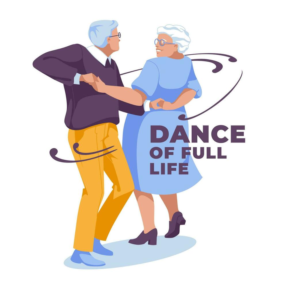 happy elderly couple dancing together. Advertisement of club dances. Isolated on white background vector flat illustration