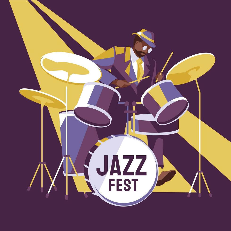 Jazz drummer. Flat vector illustration. Poster flyer design for concert, festival