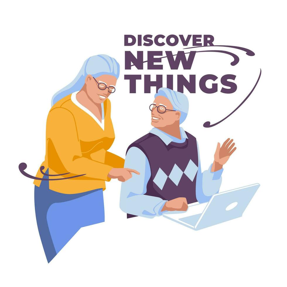 elderly couple with laptop. Isolated on white background. Vector flat illustration