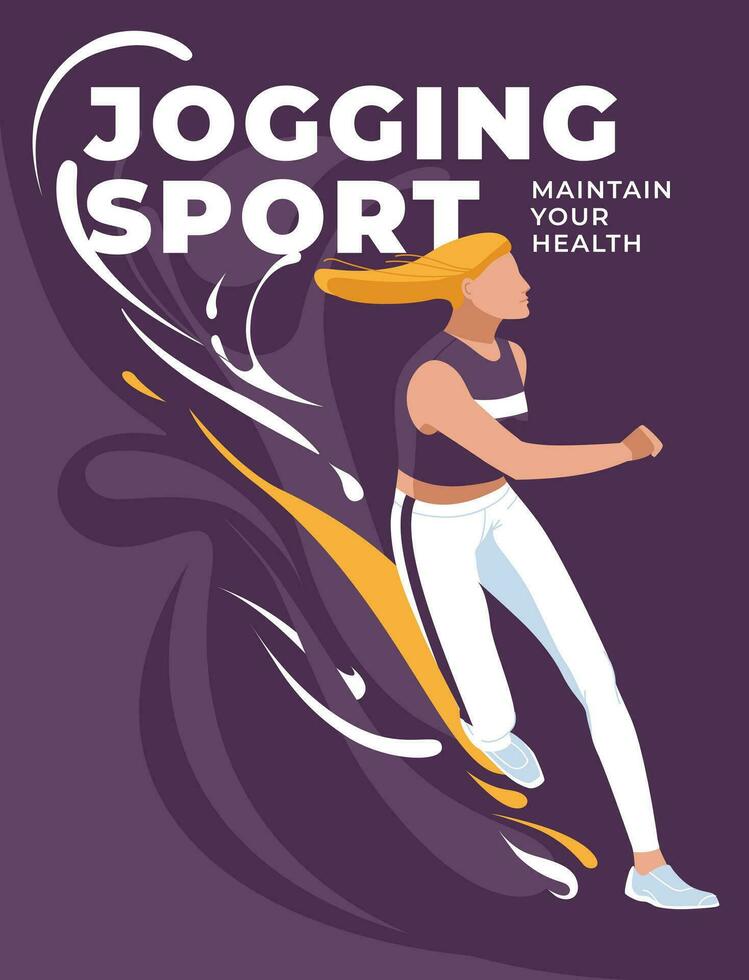 Jogging or running poster design. Sports and health lifestyle. Girl on the background of large text and splashes. Vector flat illustration