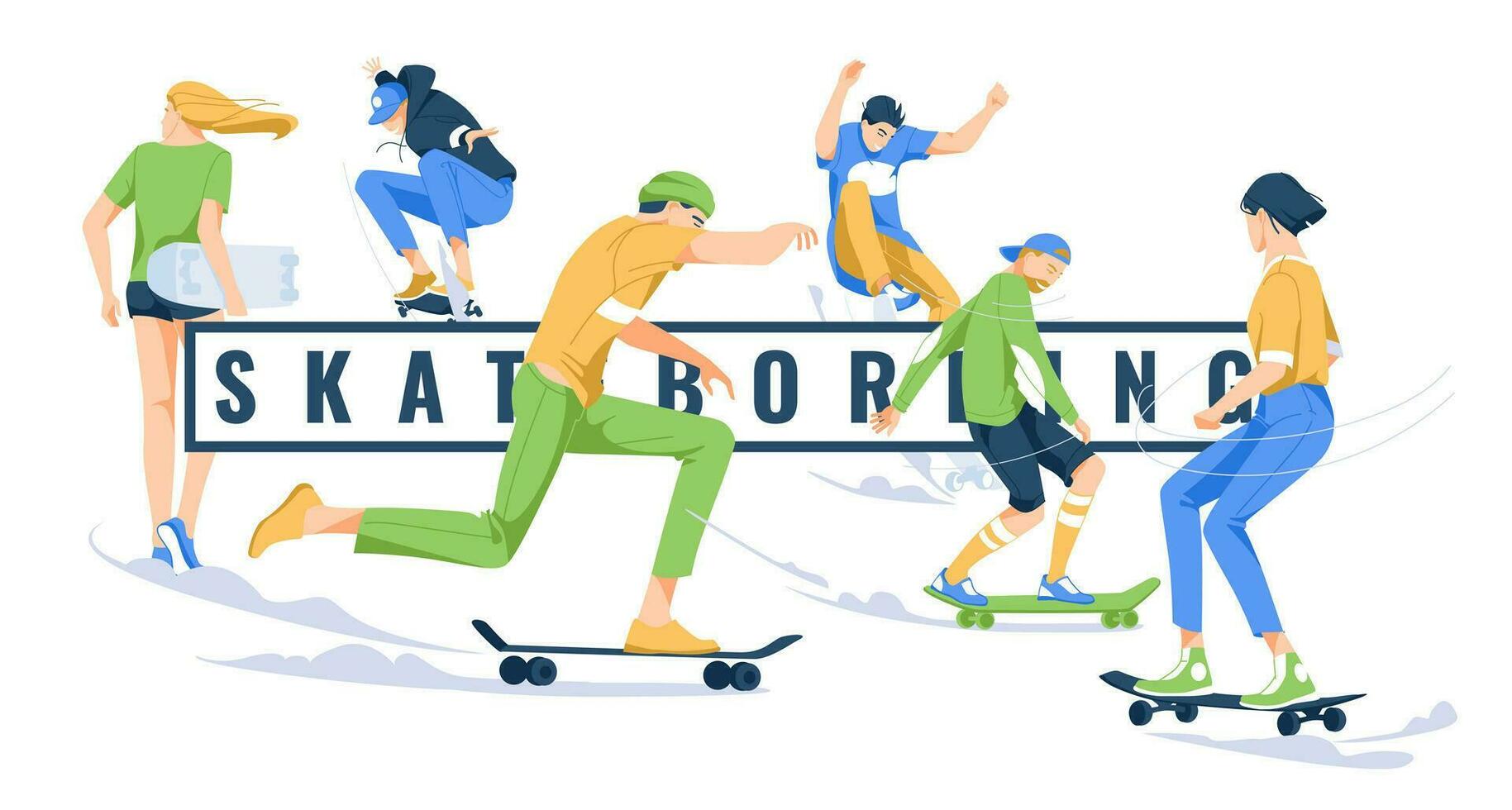 six skateboarders perform tricks on the background of the text. Characters isolated on white background, flat vector illustration