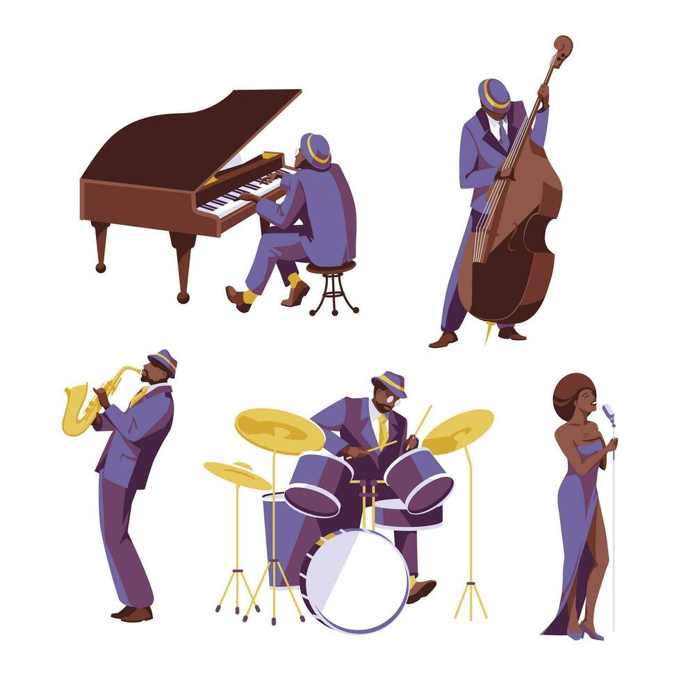 A set of jazz soul musicians singer, pianist, double bassist, drummer, saxophonist. Isolated on white background. Flat vector illustration
