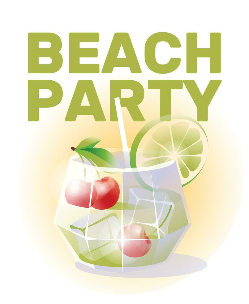 Cherry-lime cocktail in a glass. Beach party, summer event, vacation concept. White background. Vector illustration