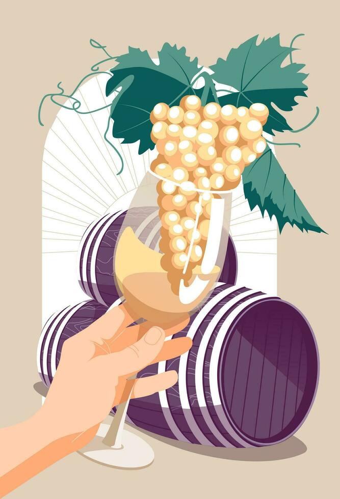 Human holding glass of white wine and grape on the barrels background. Retro style. Flat vector illustration