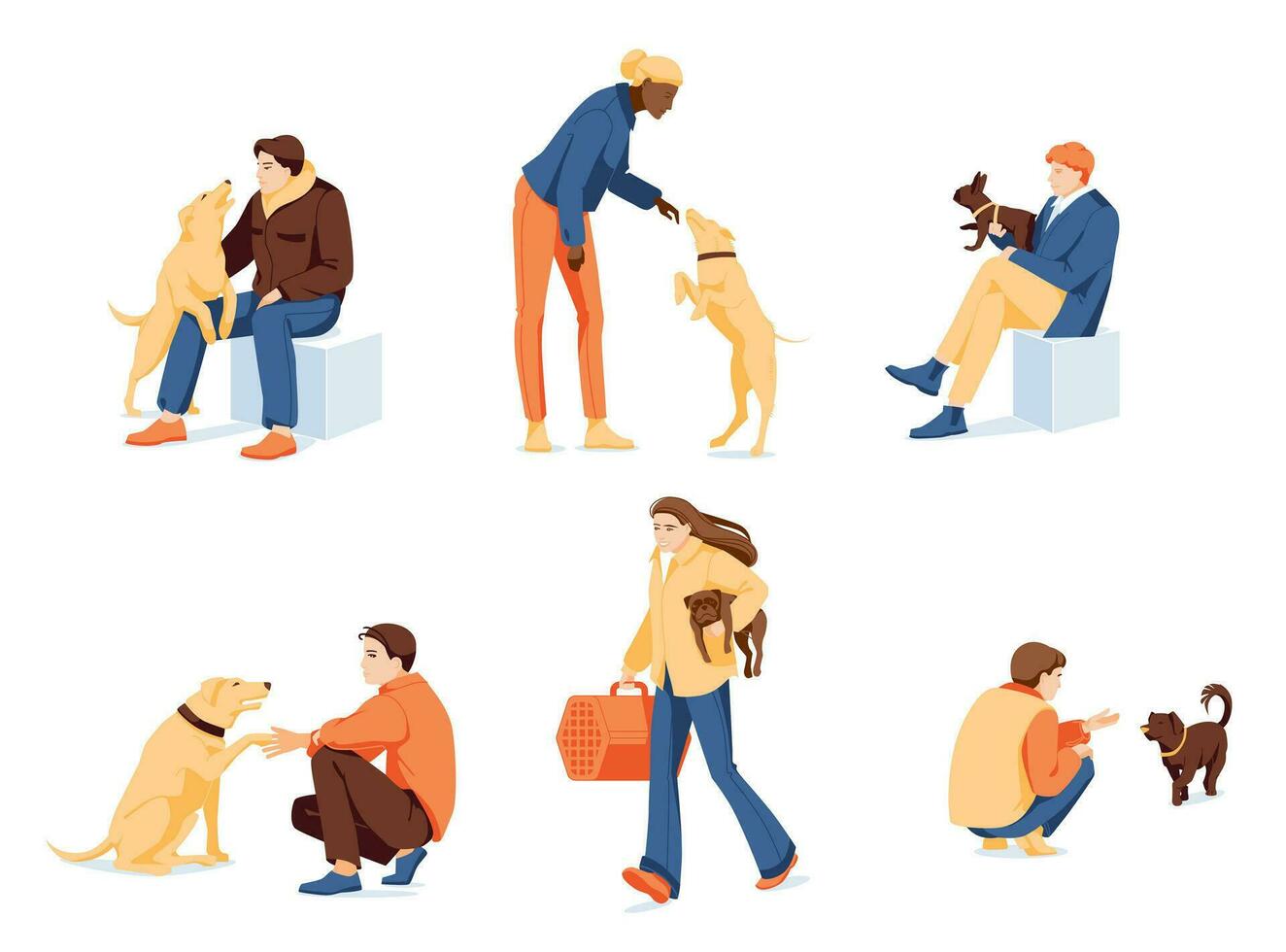 set of different dogs with their owners. People with dogs love, play and sit. White background. Flat vector illustration