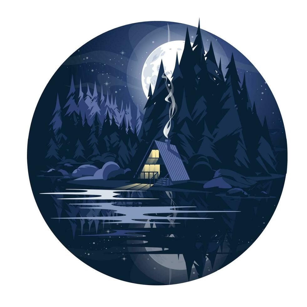 coniferous lake wooden rest house at night. Big moon and pine forest. Reflection in water. Vector flat illustration. Ideas for outdoor recreation.