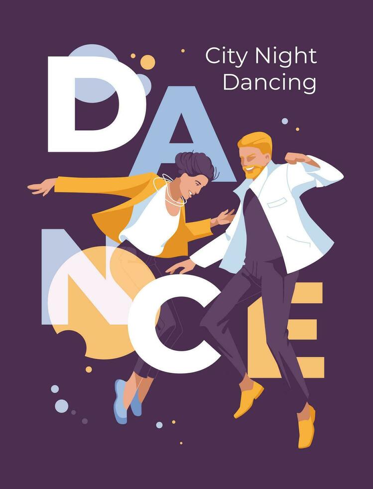 Dance party poster design with young couple. Abstract round sphere background and test. Advertising flyer, postcard. Vector flat illustration