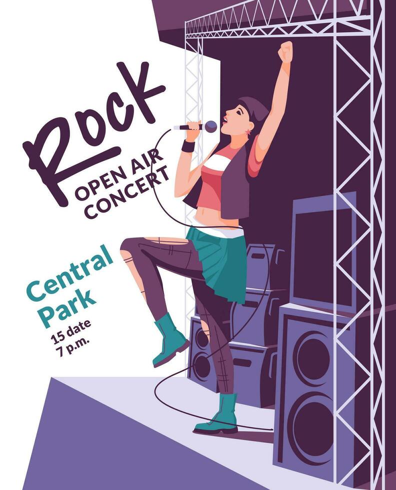 Young attractive singer in the rock genre on stage. Flyer poster design for concert festival flat vector illustration