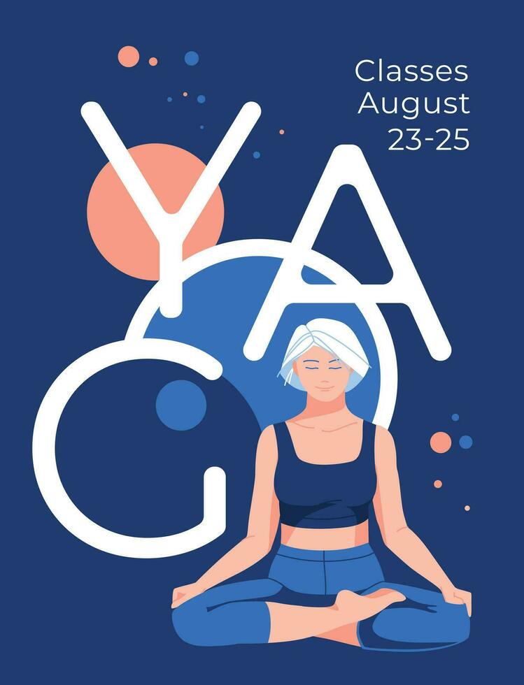 Abstract yoga asanas poster with elderly woman with gray hair. Round sphere background. Advertising of the gym and health center. Flyer, card. Vector flat illustration