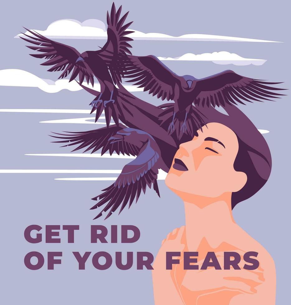 A young woman gets rid of her fears. The metaphor of flying crows. Psychological and mental health and therapy. Vector flat illustration