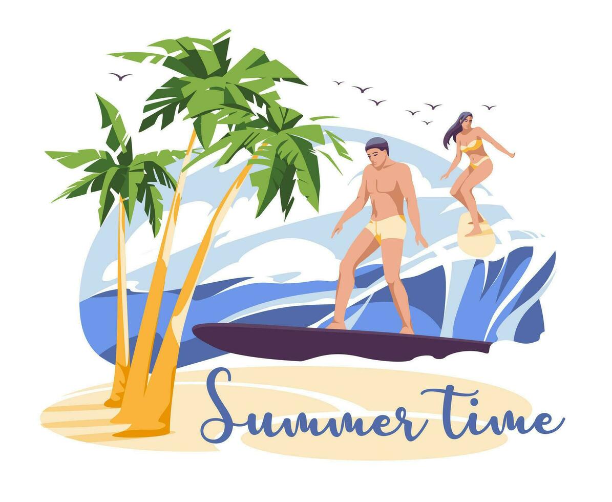 verano surf. joven personas un chico y un niña surf en grande Oceano ondas. tropical apuntalar con palma arboles plano vector ilustración