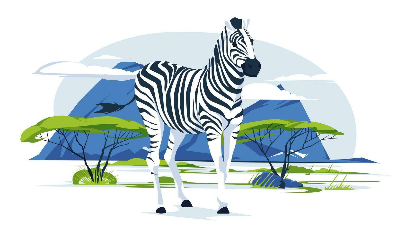 A zebra standing alone against a savannah landscape. Wild African animals. Vector flat illustration