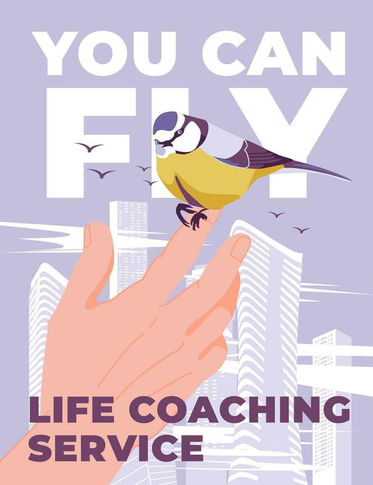 a tit in the hand on a big city with a background of skyscrapers. Life coaching and the psychological metaphor of freedom and success. Vector flat illustration