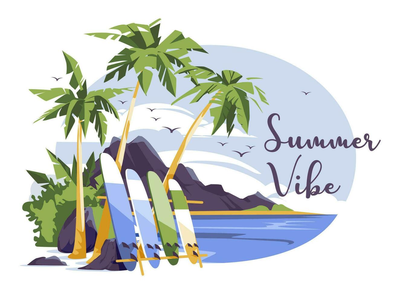 Surfing sport and leisure flat vector illustration. Tropical paradise coastal landscape with surfboards