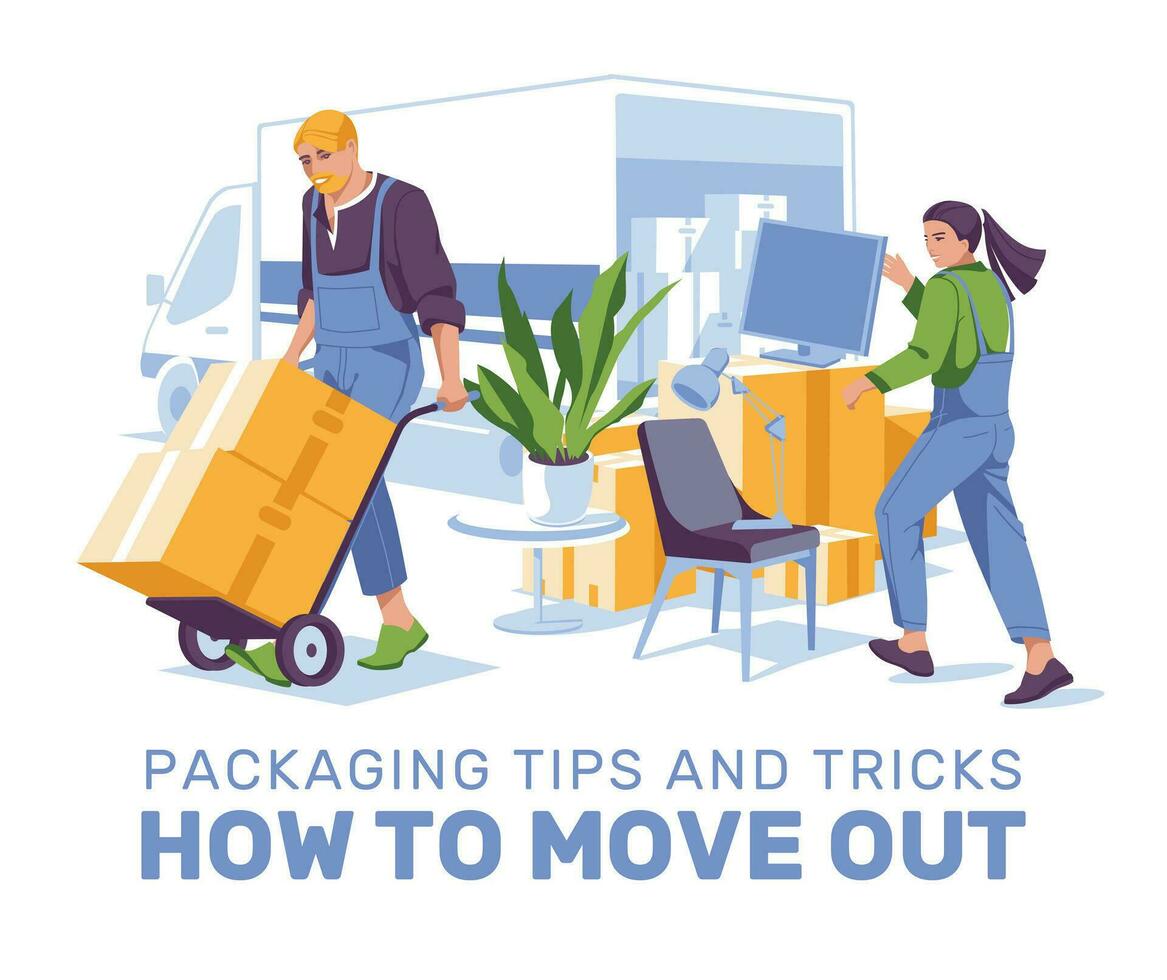 moving household items, apartment items. The company's transport truck. Professional moving team. A man and a woman. Paper boxes, furniture, plants, monitor, books. Vector flat illustration