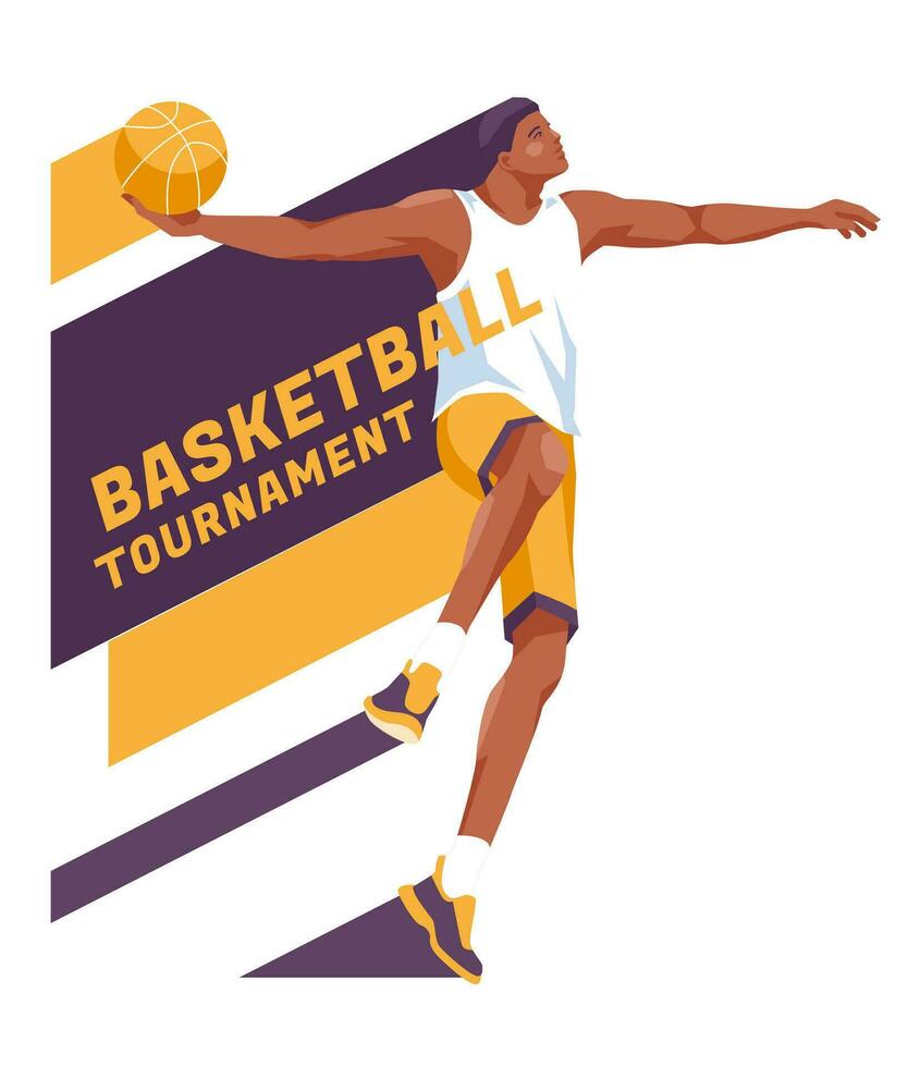 A player of the basketball team drives up to throw the ball into the basket. The nature of the sports game. Isolated on white background. Vector flat illustration