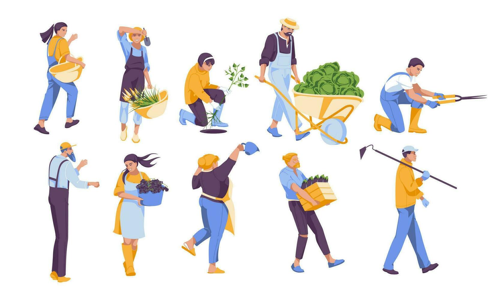 set of different gardeners isolated on white background. Men and women different characters with agricultural tools. Vector flat illustration