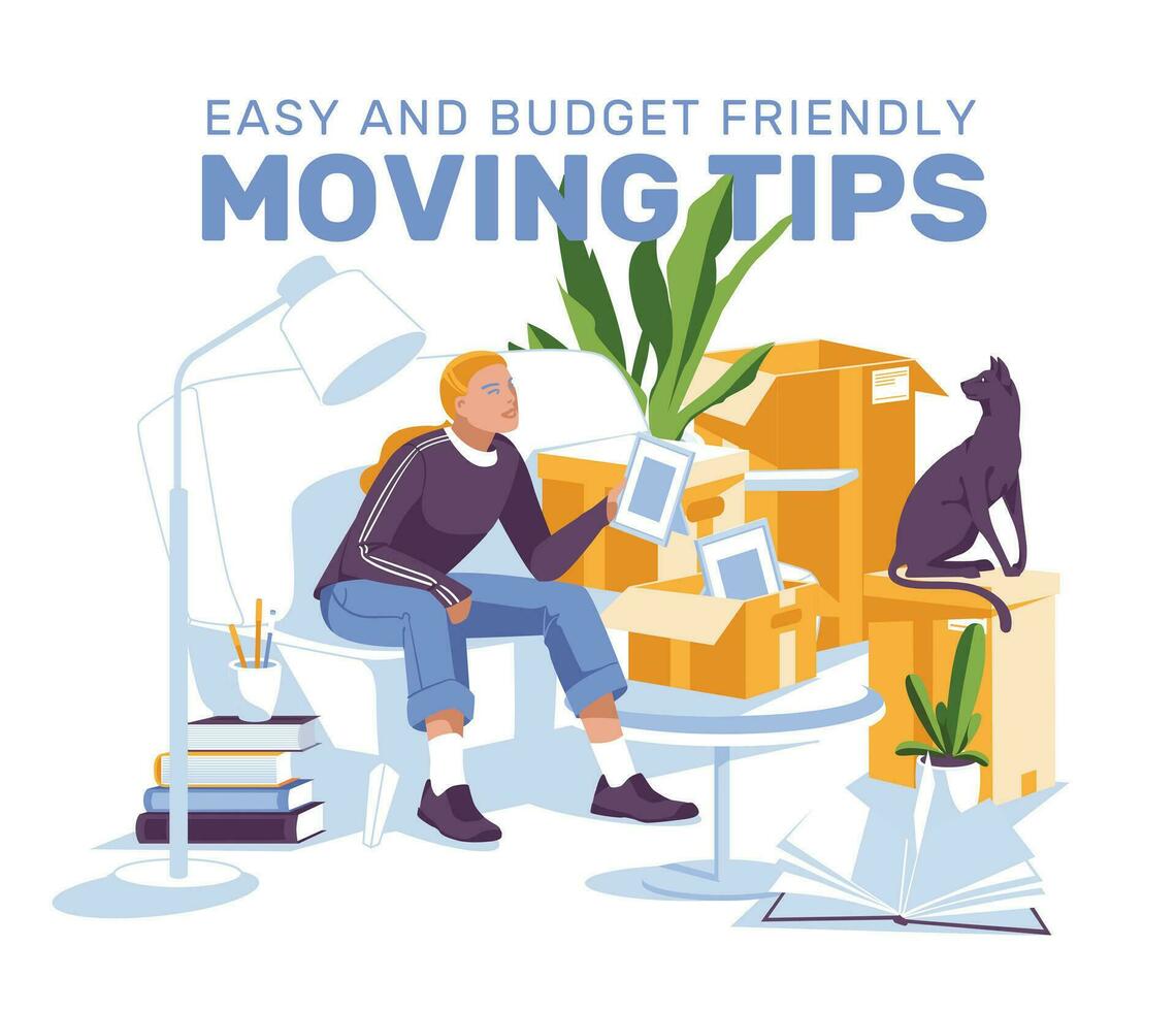young girl is sitting on the sofa and packing things to move home. Interior of a room with paper boxes and a cat. Vector flat illustration
