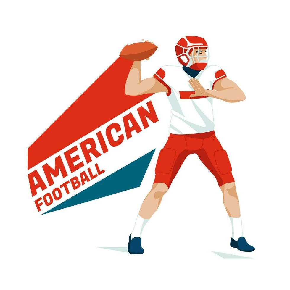 American football player push the ball. Sports character. Isolated on white background. Vector flat illustration.