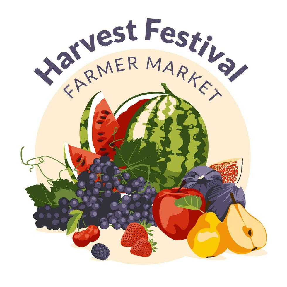 Autumn farmers market banner with vegetables watermelon, figs, pears, grapes, figs, berries and other elements. Local food festival design. Agricultural fair. Harvest season. Flat vector. vector