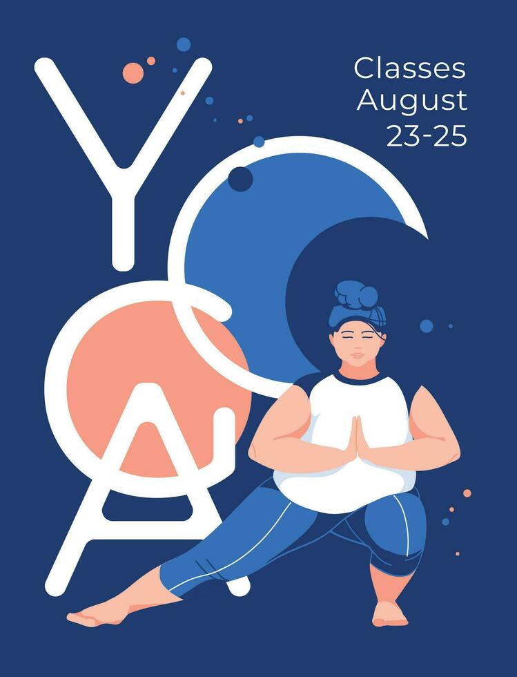 Abstract yoga asana poster for plus size woman. Round sphere background. Advertising of the gym and health center. Flyer, card. Vector flat illustration