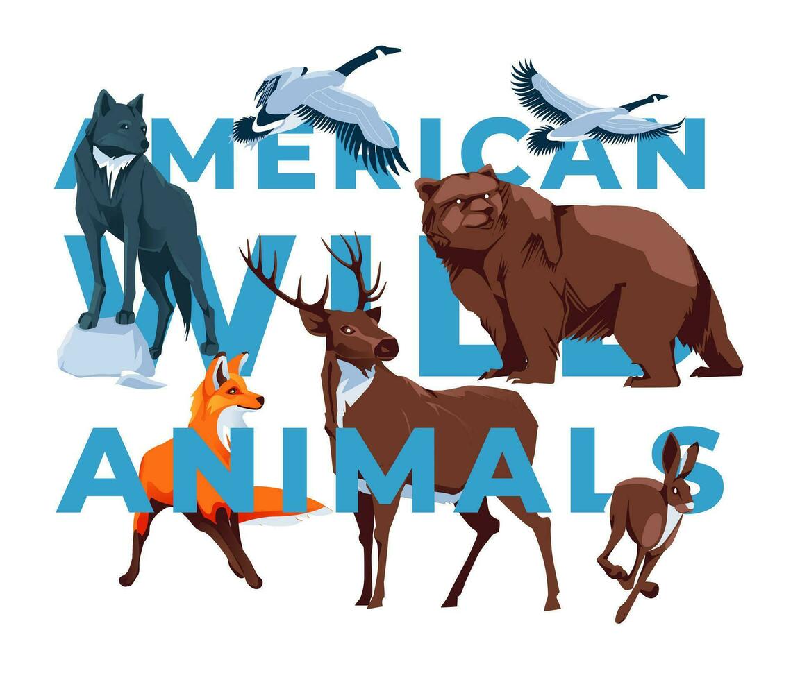 Common forest wild animals hare, fox, wolf, deer, Canada goose, bear standing on white background. National Natural Park. Vector flat illustration. A set of animals of the American continent.