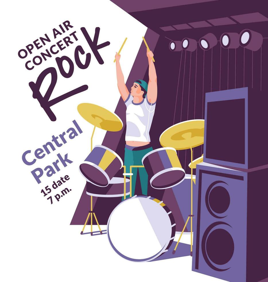 Drummer in the rock genre on stage. Flyer poster design for concert festival flat vector illustration