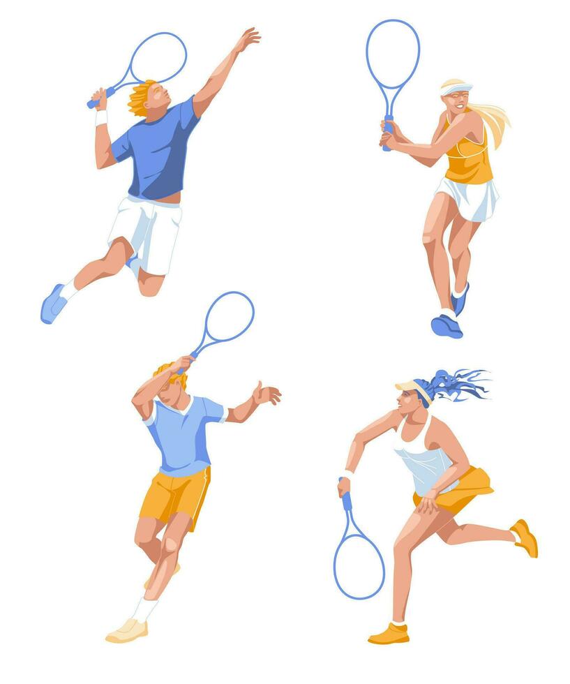 Set of different tennis players poses. Professional big sport. Character design. Isolated on white background. Vector flat illustration