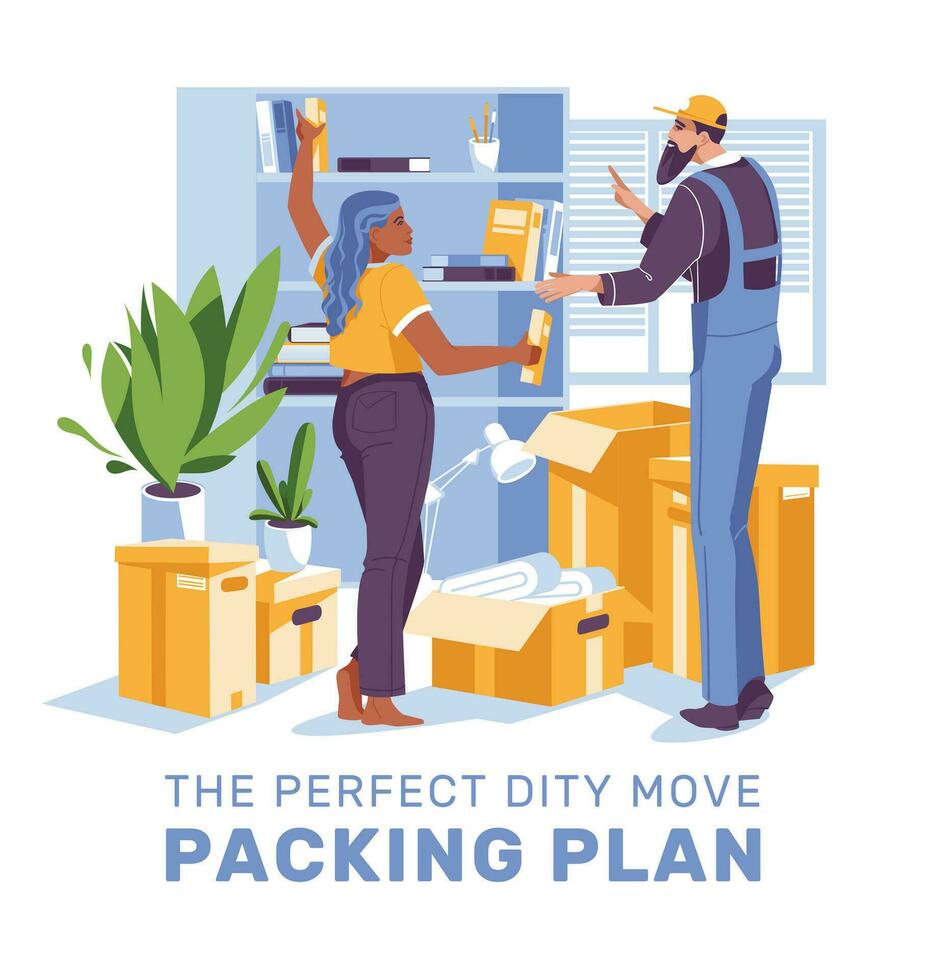 Moving home. A man helps a woman pack things. Vector flat illustration. Interior of a room with paper boxes. Isolated on white background