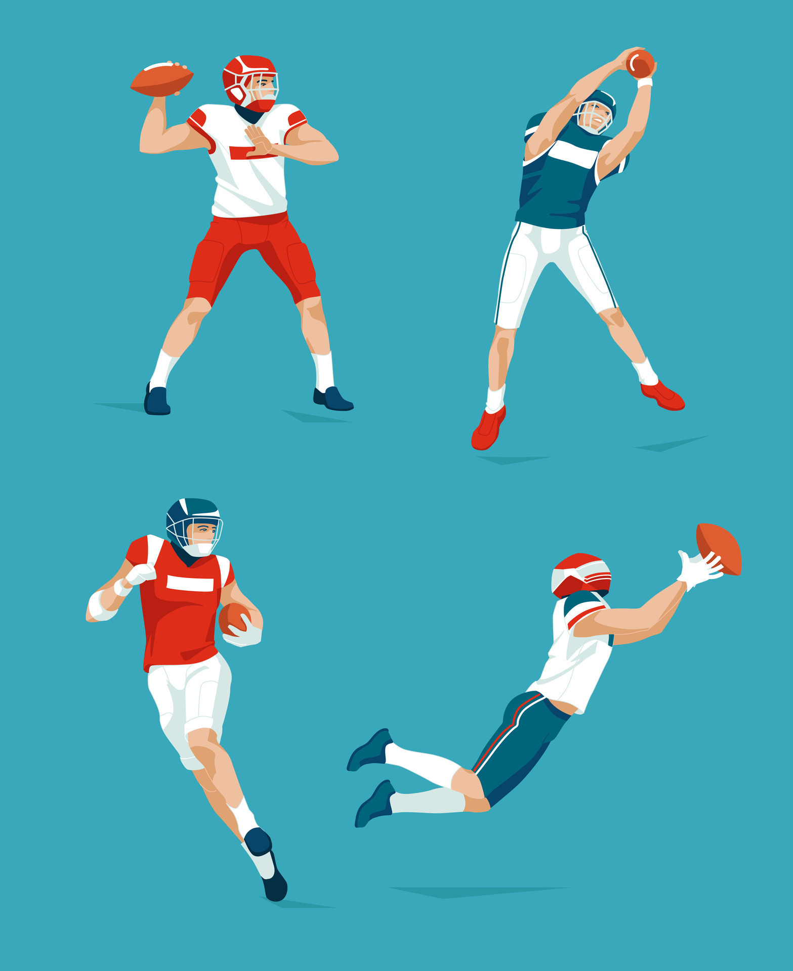Set of American football players catch and pass the ball. Sports