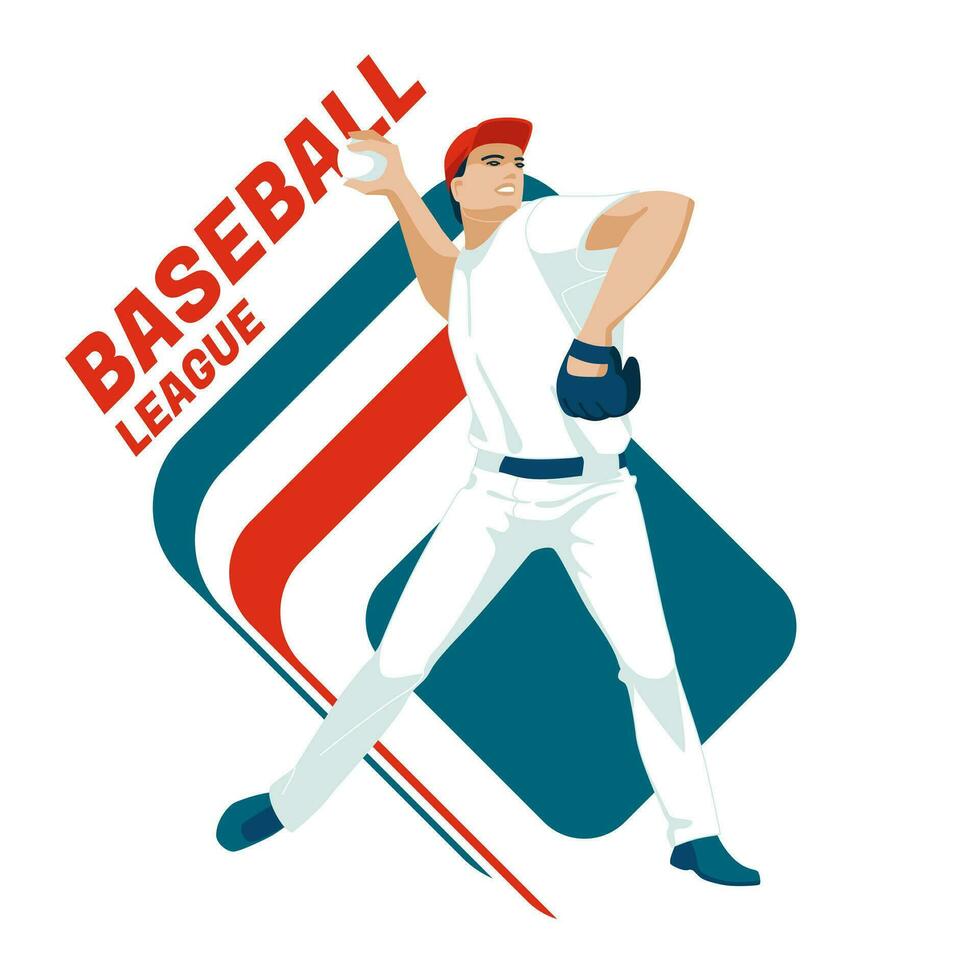A player of a baseball team pitch a ball. The nature of the sports game. Isolated on white background. Vector flat illustration
