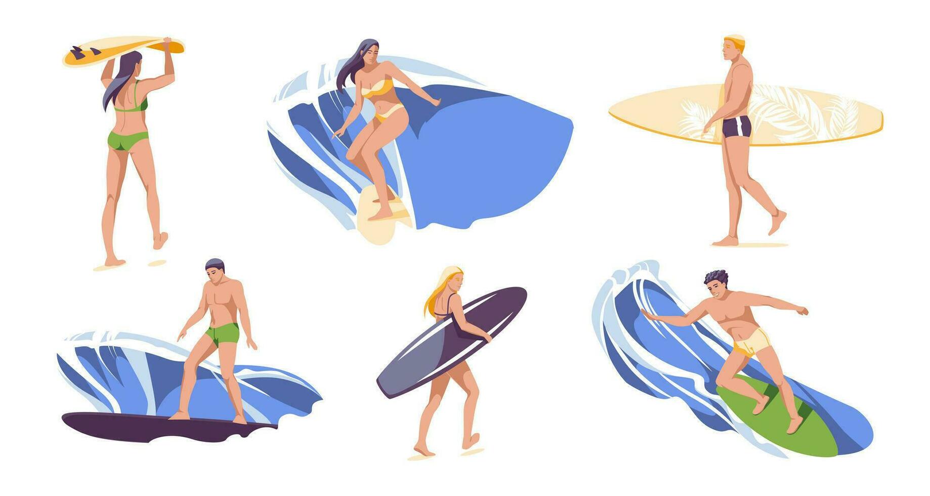 Summer surfing. young women and men for summer sports activities and sea recreation hobbies vector