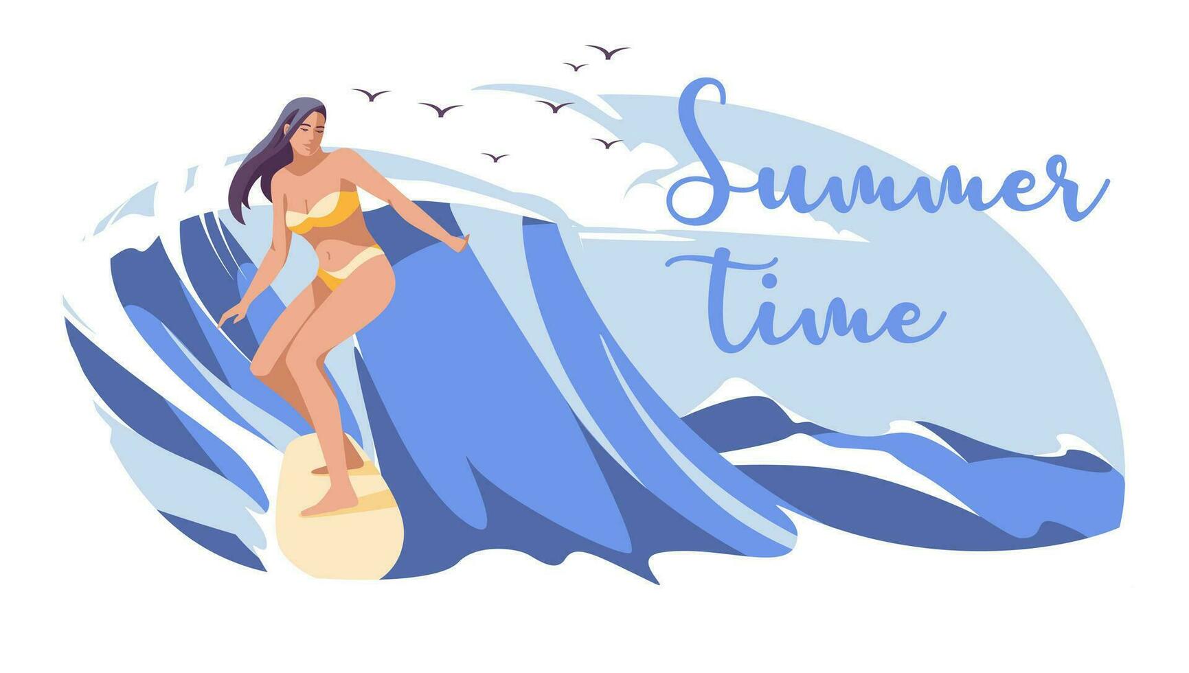 Summer surfing. Young people a guy and a girl surfing on big ocean waves. Tropical shore with palm trees. Flat vector illustration