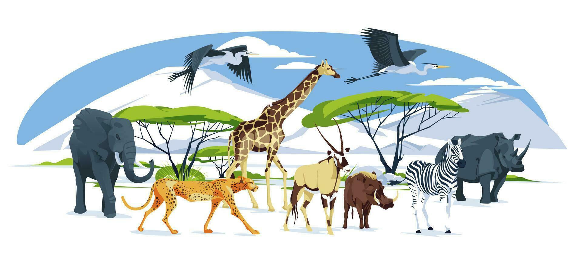 Wild African animals set walks on the savannah landscape elephant, giraffe, cheetah, Oryx antelope, zebra, ostrich, hippopotamus, hyena, warthog, heron. Vector flat illustration.