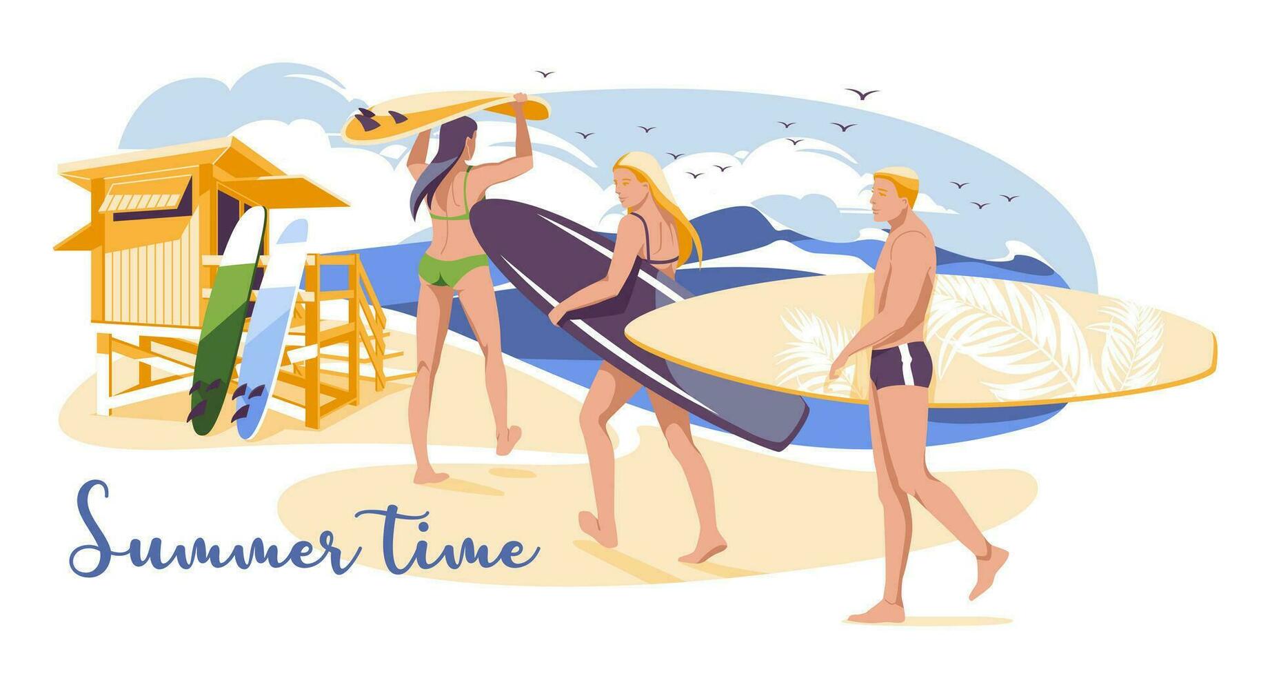 Summer surfing. Two young women go to the beach with surfboards on a background of large ocean waves.Flat vector illustration for summer sports activities and sea recreation hobbies
