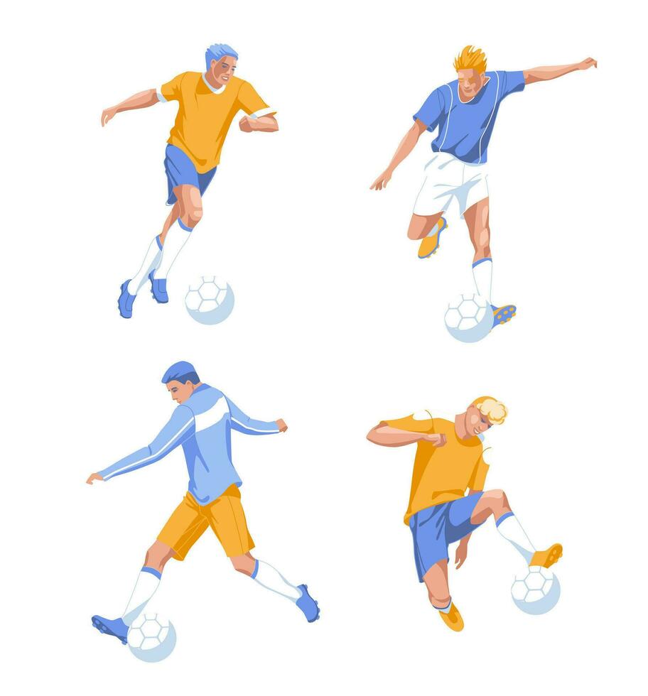 Set of different football players kicking the balls. Vector flat illustration