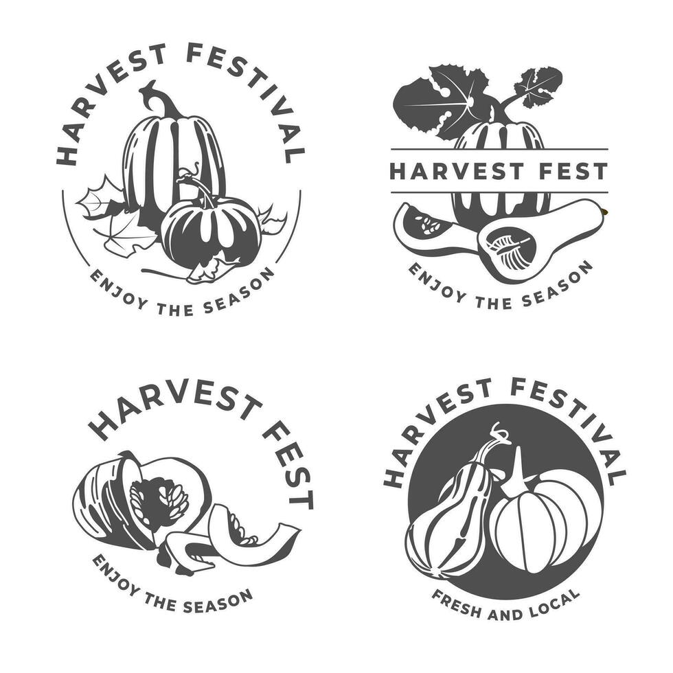 conjunto de otoño cosecha festival calabaza insignias y etiquetas, postales decorativo diseño elementos. negro y blanco línea limpiar estilo. plano vector. vector