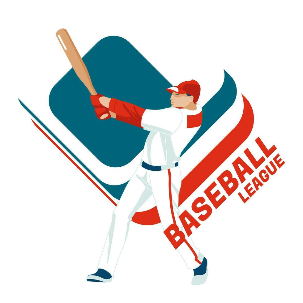 A player of a baseball team hit a ball with a bat. The nature of the sports game. Isolated on white background. Vector flat illustration